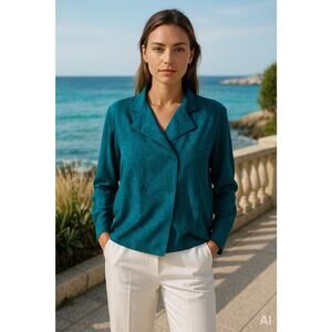 Louis Ferard 100% Silk Blouse teal tonal Print Quiet Luxury Sz 44 Coastal Chic